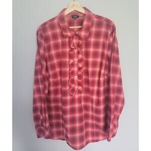 Talbots Plaid Popover Blouse Womens Plus 18W Long Sleeve Red Pink